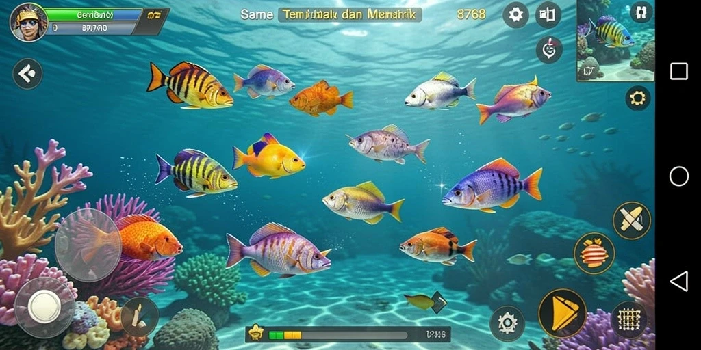 Screenshot menunjukkan gameplay menembak ikan di 8768.