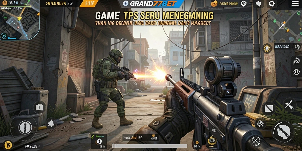 Screenshot gameplay GRAND77BET menampilkan adegan tembak-menembak yang intens.