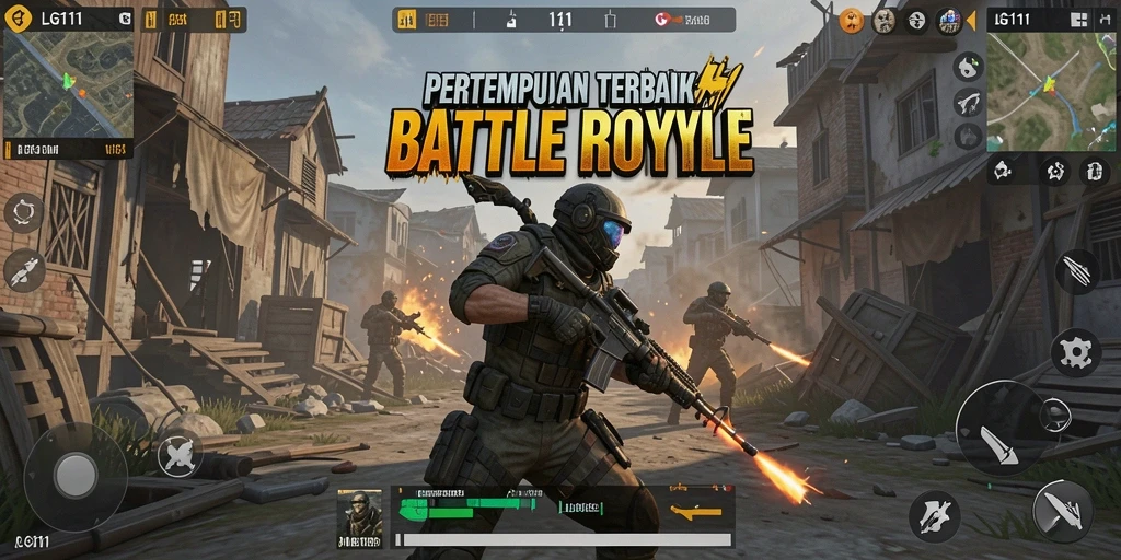 Screenshot gameplay LG111 dengan pertempuran seru Battle Royale.