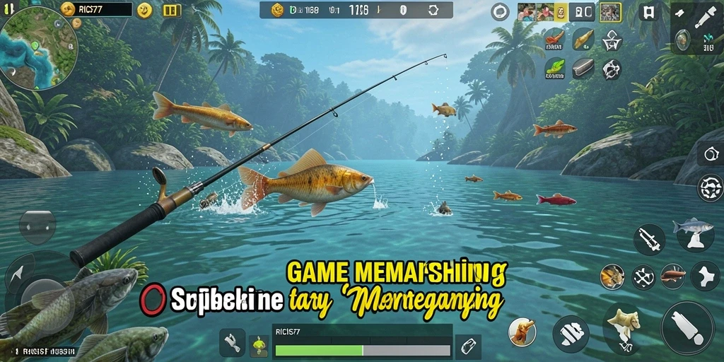 Screenshot menunjukkan pemain menangkap ikan besar di laut.
