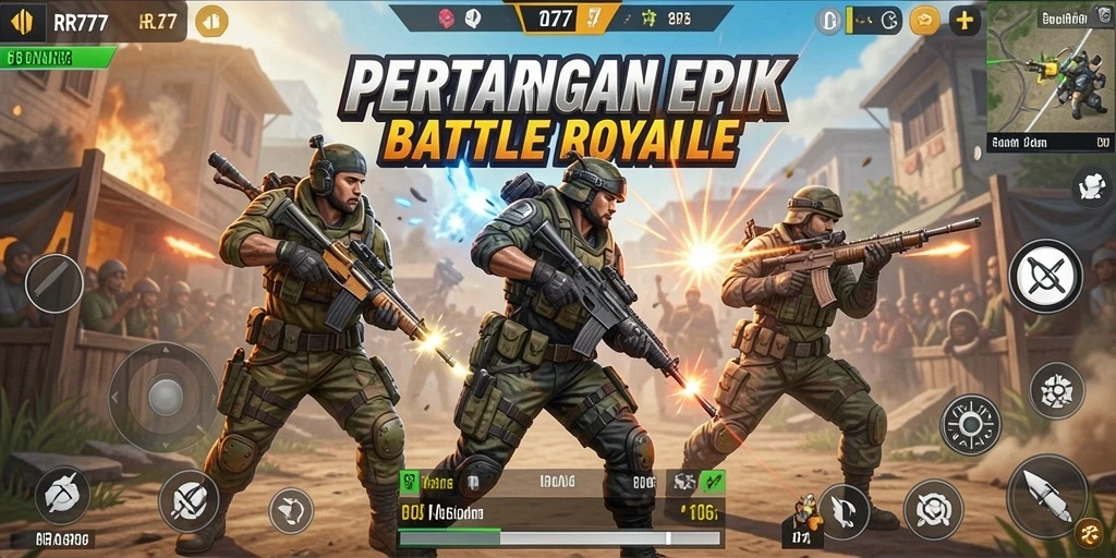Gameplay RR777 yang penuh aksi dan strategi Battle Royale.